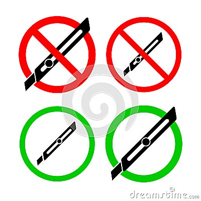 Sign prohibiting and allowing the use of a clerical knife. Concept of packaging or parcel cutting. Vector Illustration