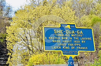 Sign of the She-Qua-Ga falls, Tumbling Waters Stock Photo