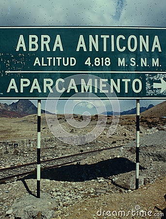 sign with railway text in peru abra anticona height 4818 mt Stock Photo