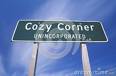 A sign that reads ï¿½Cozy Corner Unincorporatedï¿½ Stock Photo