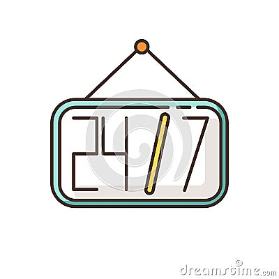 24 7 sign RGB color icon. Around the clock available service. Hanging store board. Everyday open store. Twenty four Vector Illustration