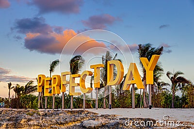 CocoCay Sign at Royal Caribbean`s Private Island at Sunset Editorial Stock Photo