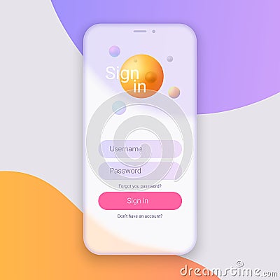 Sign In Screen. Clean Mobile UI Design Concept. Login Application with Password Form Window. Trendy Holographic Gradients. EPS 10 Vector Illustration