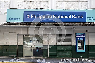 Sign and shop front of Philippine National Bank in Manila Editorial Stock Photo
