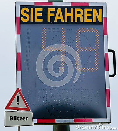 Sign Speed Camera You drive german `Blitzer Sie fahren` Stock Photo