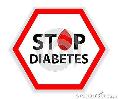 Sign Stop Diabetes with a drop of blood isolated on a white background. Medical hexagonal symbol. Vector Vector Illustration