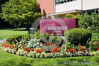 Sign in summer flowers for Seattle Pacific University Editorial Stock Photo