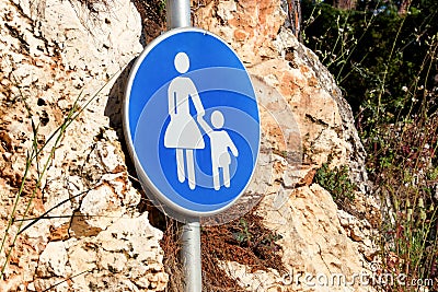 Sign or symbol for pedestrians. Warning road sign of blue sign b Stock Photo