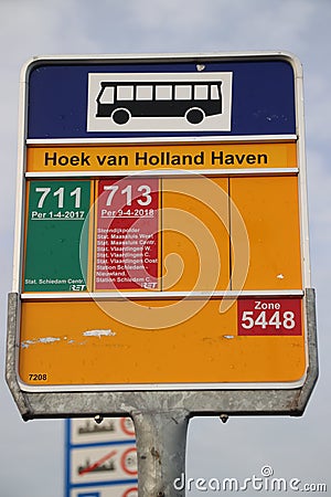 Sign at temporary bus station Hoek van Holland where stop is created for the Hoekse Lijn but still not running due to technical is Editorial Stock Photo