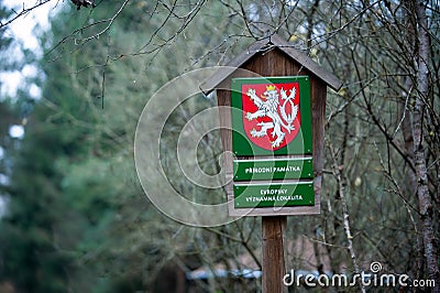 Sign with text in Czech language: Prirodni pamatka and Evropsky vyznamna lokalita, in English: Natural monument and Site of Stock Photo