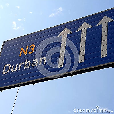 Sign to Durban on the N3 highway in South Africa Editorial Stock Photo