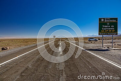 Tropic of Capricorn sign and car in Atacama Desert, Chile - South America Editorial Stock Photo