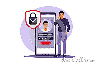 Sign up concept. Young man signing up or login to online account on smartphone app. Secure login and password. Vector illustration Vector Illustration