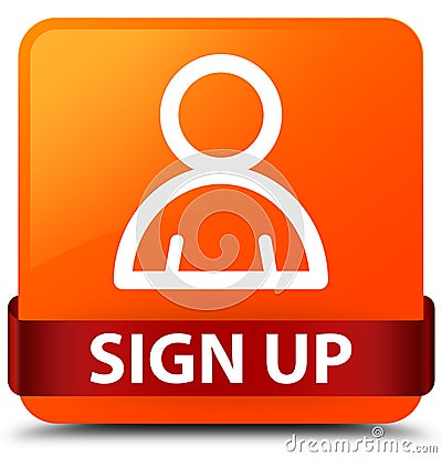 Sign up (member icon) orange square button red ribbon in middle Cartoon Illustration