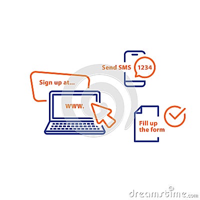 Receive sms notification, laptop with cursor, send phone message, submit document, line icons Vector Illustration
