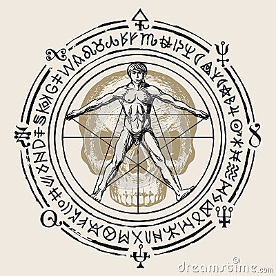 Sign with Vitruvian man on the background of a human skull Stock Photo