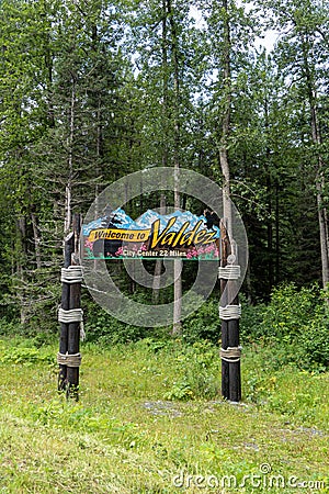 Valdez Alaska welcome sign along the Richardson Highway Editorial Stock Photo