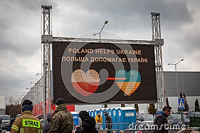 Sign welcoming refugees from Ukraine at the Mlyny refugee centre Editorial Stock Photo