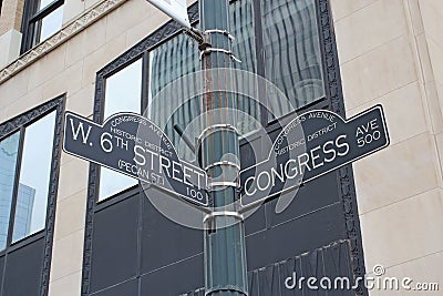 Sign for West 6th Street and Congress Avenue in Austin, Texas Stock Photo