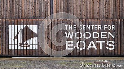 Sign on wooden building for The Center for Wooden Boats in Seattle Editorial Stock Photo