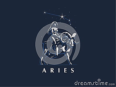 Sign of the zodiac Aries. The girl rides on Ram. Vector emblem. Vector Illustration