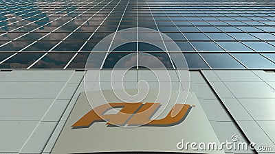 Signage board with au mobile phone company logo. Modern office building facade. Editorial 3D rendering Editorial Stock Photo
