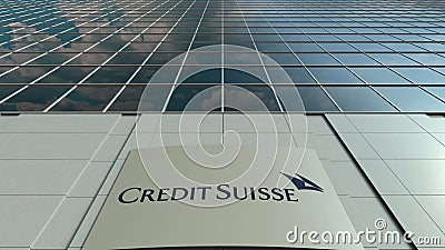 Signage board with Credit Suisse Group logo. Modern office building facade. Editorial 3D rendering Editorial Stock Photo