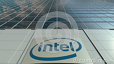 Signage board with Intel Corporation logo. Modern office building facade. Editorial 3D rendering Editorial Stock Photo