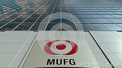 Signage board with MUFG logo. Modern office building facade. Editorial 3D rendering Editorial Stock Photo