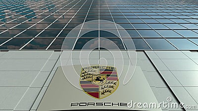 Signage board with Porsche logo. Modern office building facade. Editorial 3D rendering Editorial Stock Photo