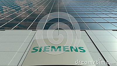 Signage board with Siemens logo. Modern office building facade. Editorial 3D rendering Editorial Stock Photo