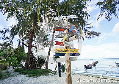 Signage of capital city distance at the beach Stock Photo