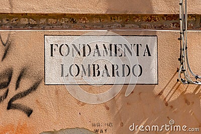 Signage Fondamenta Lombardo -quay of Lombardo - in Venice Stock Photo