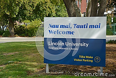 Signage for Lincoln University, New Zealand Editorial Stock Photo