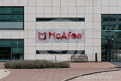 Signage with logo at the headquarters of virus removal and cybersecurity company McAfee Editorial Stock Photo