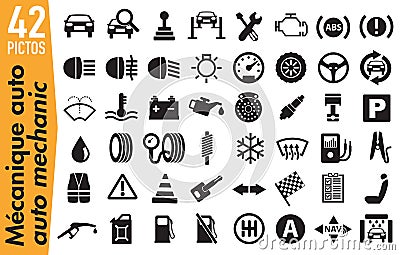 42 signage pictograms on automobile mechanics Stock Photo