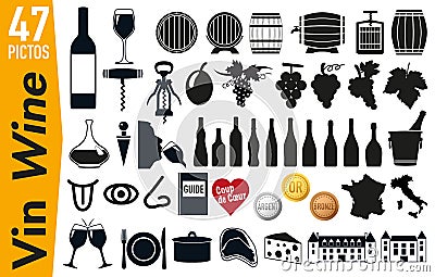 47 signage pictograms on wine and grapevine Stock Photo