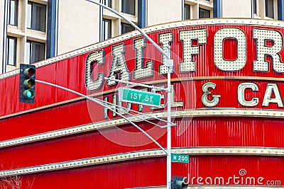 Signage 1st street in Las Vegas at the old part of the casino mile with california Hotel and casino in background Editorial Stock Photo