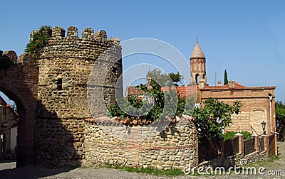 Signagi town fortress in Georgia, Kahety region, roofs and church tower on the background Stock Photo