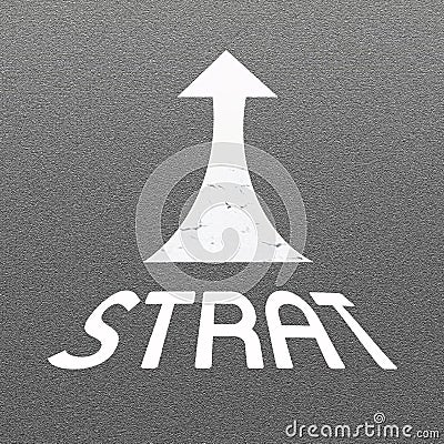 Signal Arrow and Word START on Asphalt Road Background Stock Photo