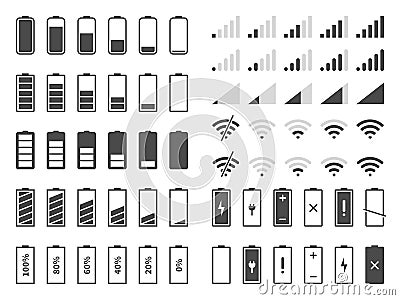 Signal and battery icons. Network signal strength and telephone charge level. Battery status, wifi internet wireless Vector Illustration