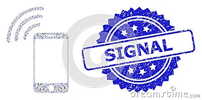Textured Signal Seal Stamp and Recursion Cellphone Signal Icon Composition Vector Illustration