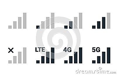Signal strength 4g mobile phone reception bar icon. 5g signal strength level smartphone status bar network lte level. Vector Illustration