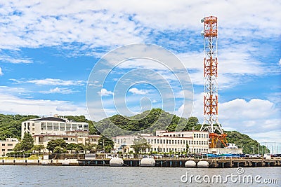 Signal tower on the pier of the Japan Maritime Self-Defense Force Self Defense Fleet in the Yokosuka Naval Port. Editorial Stock Photo