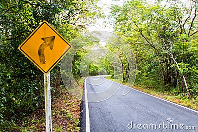 Signal turn right on country road, Traffic Signs Stock Photo