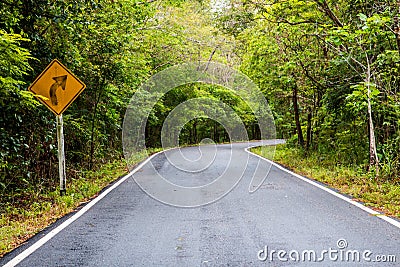 Signal turn right on country road, Traffic Signs Stock Photo