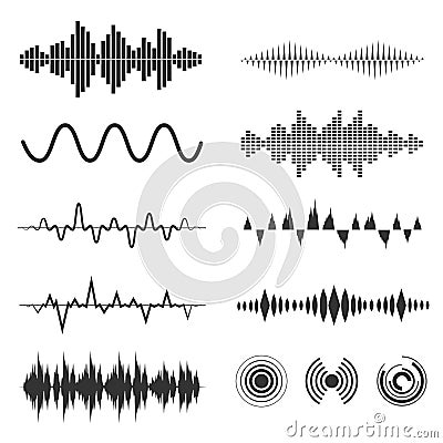 Signal wave set. Vector analog signals and digital sound waves forms Vector Illustration