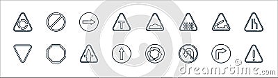 signaling line icons. linear set. quality vector line set such as danger, no turn, ahead only, yield, bridge, turn right, hump, no Vector Illustration