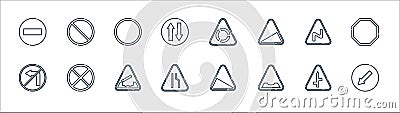 signaling line icons. linear set. quality vector line set such as keep left, bump, narrow road, no turn left, right reverse bend, Vector Illustration