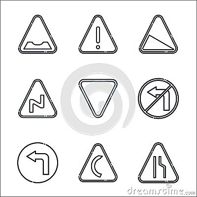 Signaling line icons. linear set. quality vector line set such as narrow road, right bend, turn left, no turn left, yield, right Vector Illustration